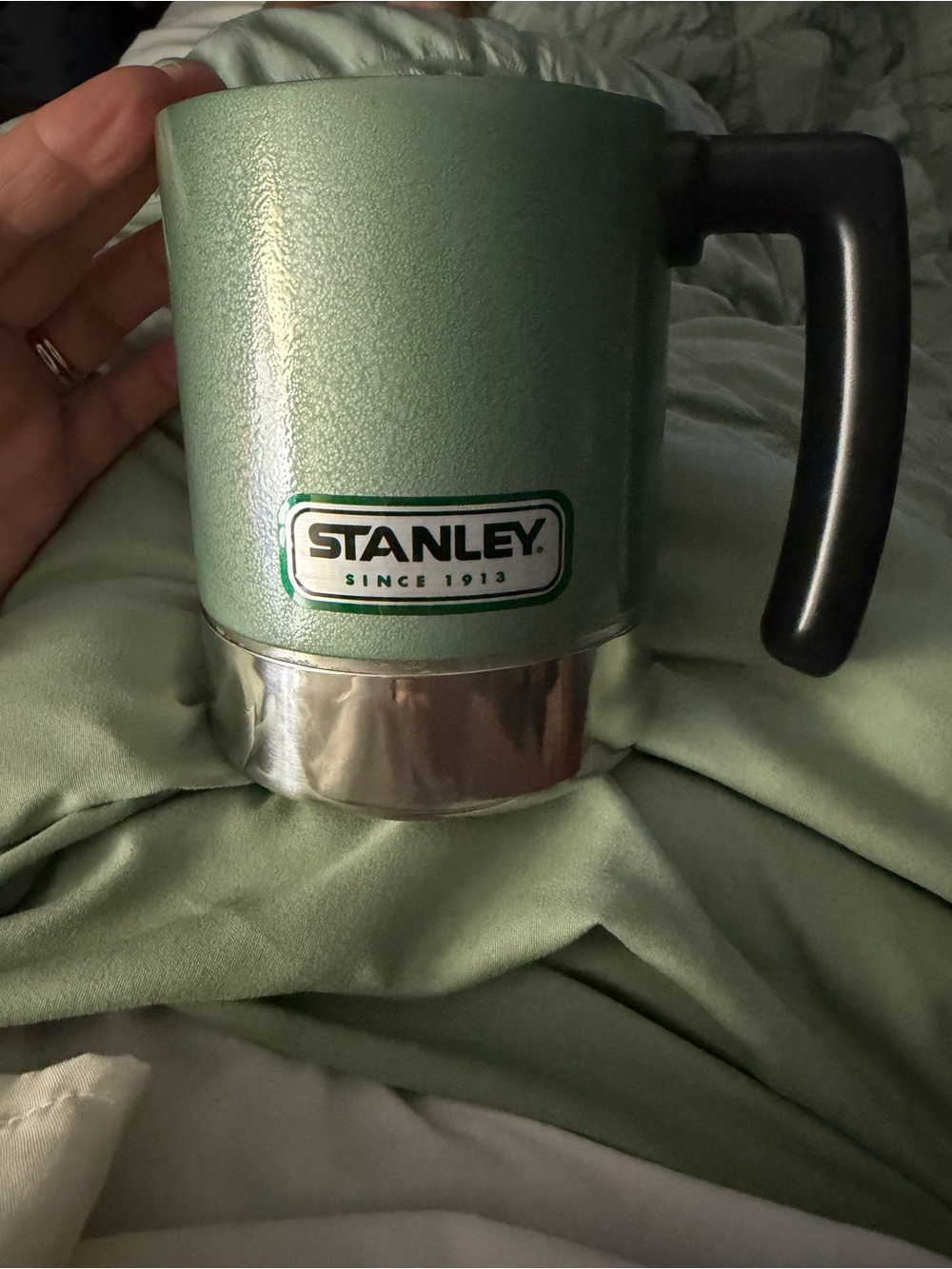 Stanley Mint Green Travel Mug with Black Handle and Stainless Base - Picture 8 of 9